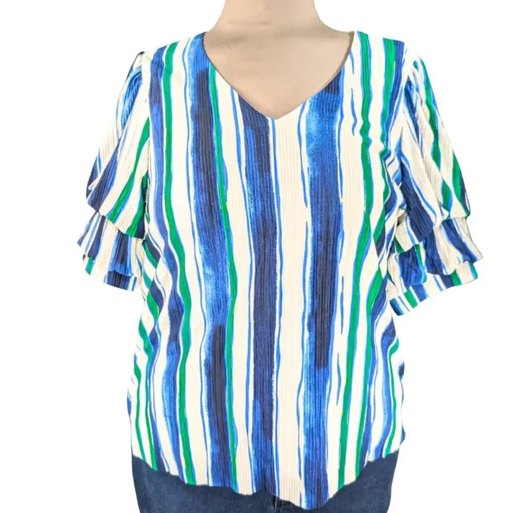 Chico's 2 (Large) Blue Green Stripe V-Neck Pleated Gathered Sleeve Lined Blouse